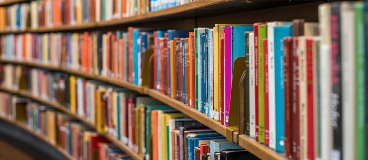 Böcker i bokhyllor på ett bibliotek